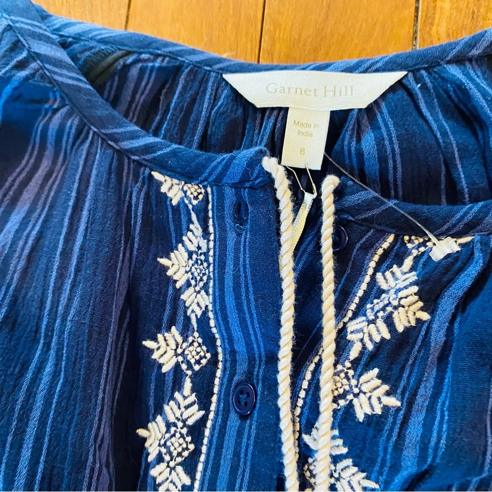 GARNET HILL NWT Blue Stripe Embroidered Tassel Peasant Dress - Picture 4 of 7